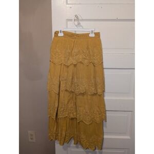 Anthropologie Tiered Eyelet Maxi Skirt Mustard Yellow Boho Scalloped Size 00